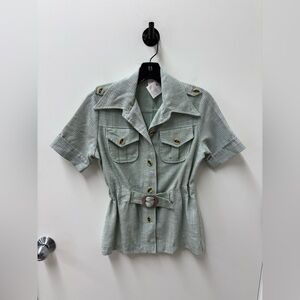 Vintage Green Plaid Short Sleeve Belted Shirt